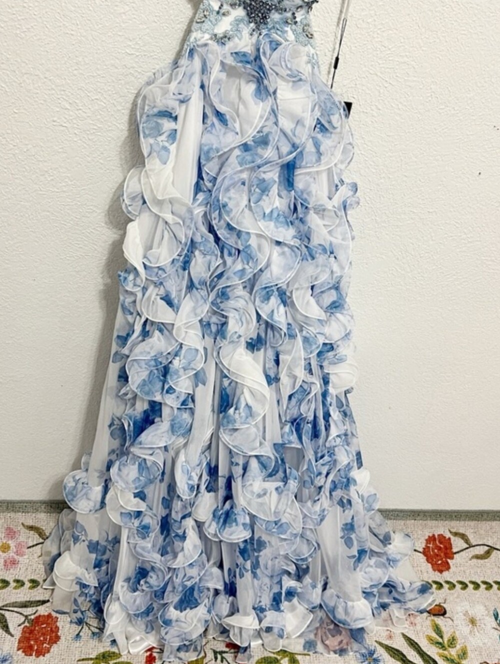 NWT Mac Duggal Floral Lace Up Tie Back Ruffle Shoulder Embellished Gown 2220 - Picture 5 of 12